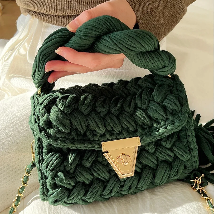 Fashion Wool Knitting Handbag Handmade Crochet Shoulder Bag Tassel Woven Bags for Women Designer Yarn Crossbody Bag Flap Purses