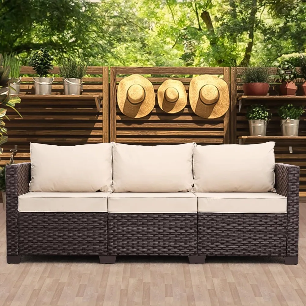 

3 Seater Patio Sofa Outdoor Wicker Couch with Deep Seat High Backrest Non Slip Cushions Khaki