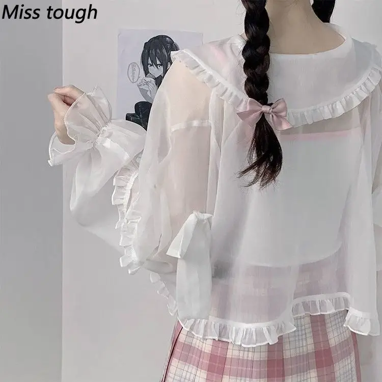 Sweet Lolita Kawaii Bolero Women's Puff Sleeve Ruffle Trim Peter Pan Collar Sheer Light Chiffon Y2k Korean Elegant Daily Outfits