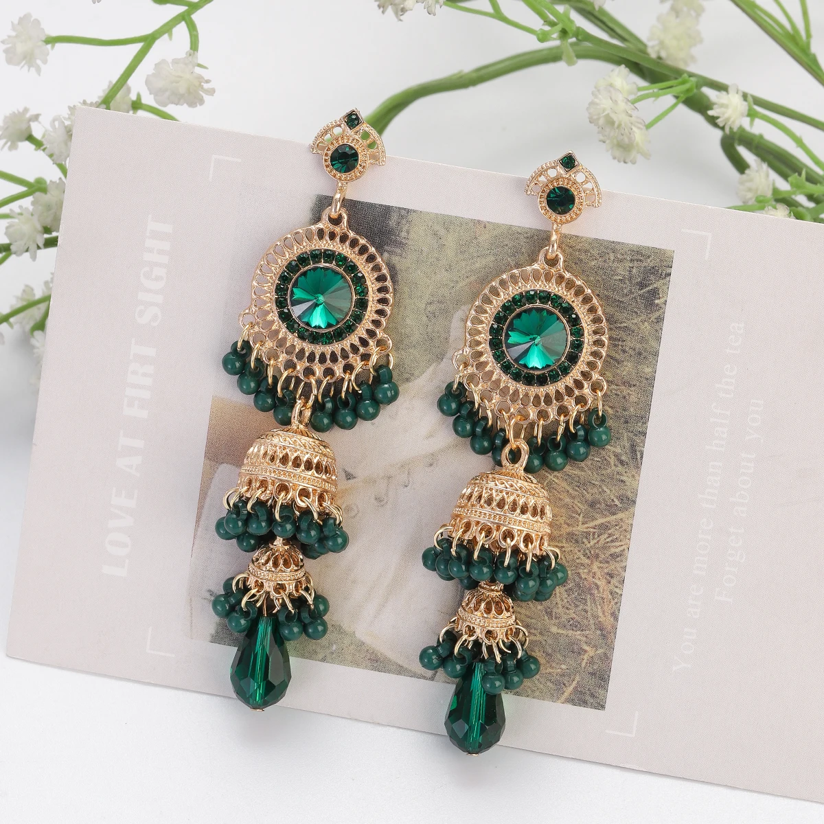 2023 Women's Ethnic Luxury Gold Color Jhumka Earrings Vintage Round Crystal Long Dangle Earrings Wedding Brincos Jewelry