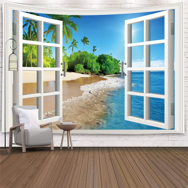 Imitation Window Landscape Tapestry Wall Hanging Tropical Tree Tapestries Art Home Decoration Sea Sunrise Dorm