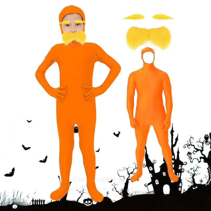 

Halloween Party Orange Jumpsuit Costume Yellow Mustache and Eyebrow for Kid and Adult