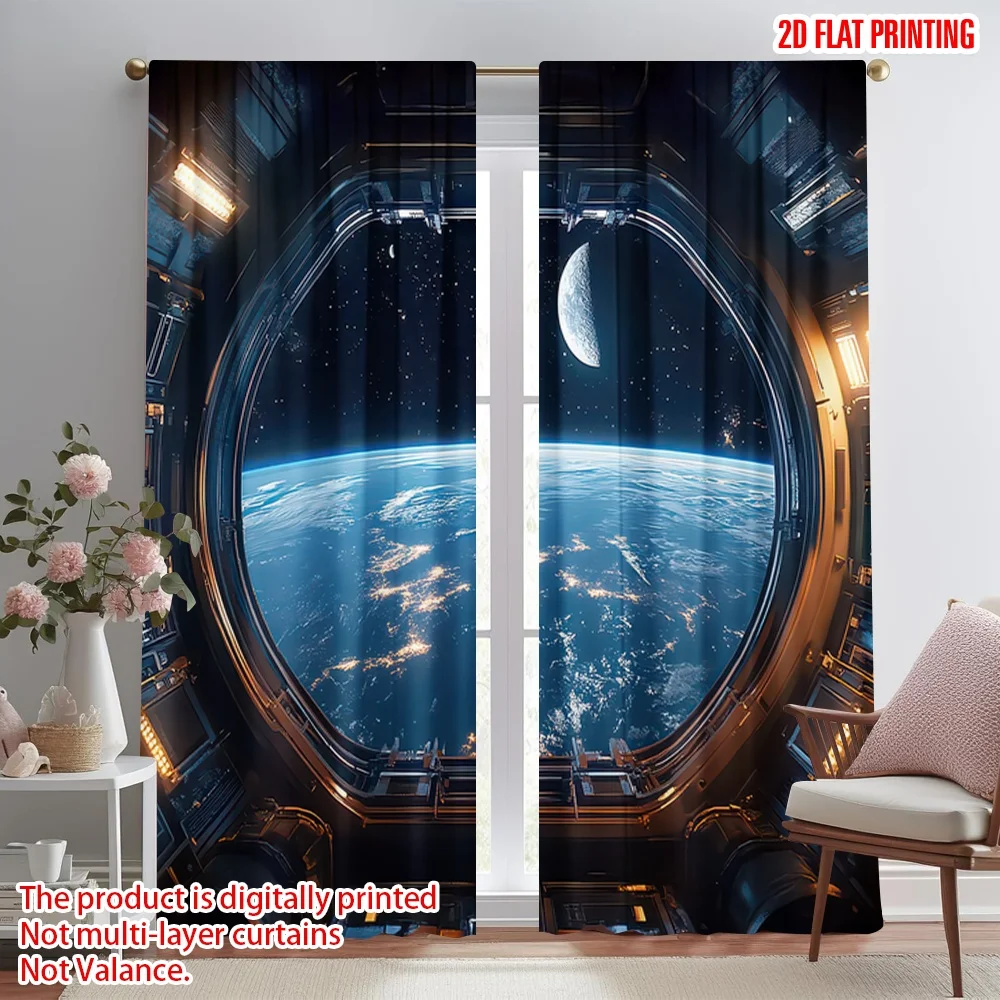 

2D flat printing 2pcs Drapes Earth from Space Digital Printed Polyester Drapes All Season Party & Holiday Decor Perfect for