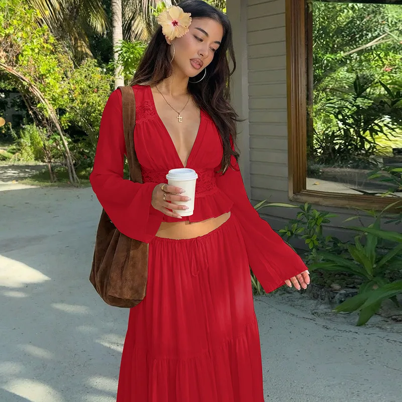 Boho Women Two Piece Set Lace Crop Top Long Sleeve Sheer Blouse High Waist Tiered Maxi Skirt Chiffon Beach Party Outfit Summer view 3