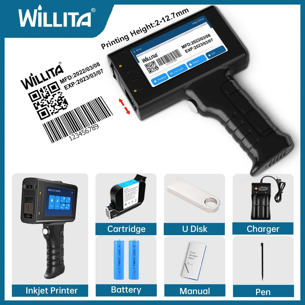 Willita Inkjet Printers Handheld L1 For Plastic Metal Barcode Serier Batch Number QR Code Smart Thermal Logo Expiry Date Printer