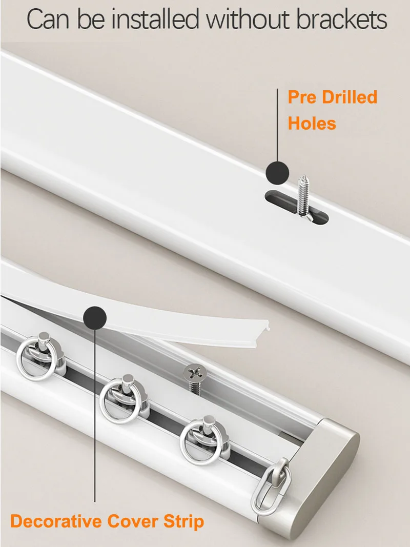 

2025 White Single Curtain Track with Decorative Cover Strip And Metal Pulleys Pre-Drilled Holes for Ceiling Mounted Installation