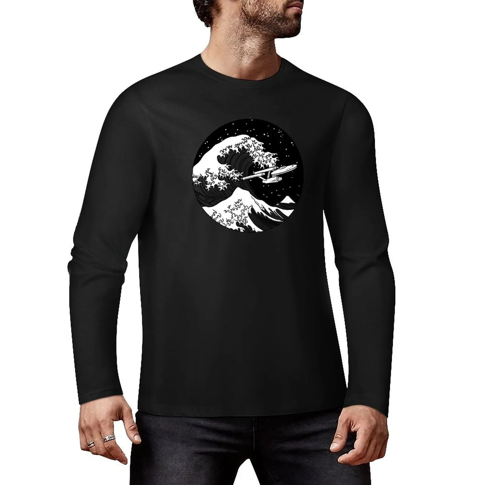 Trek Spaceship in Space - The Great Wave Long T-Shirt heavyweight t shirts kawaii clothes workout shirts for men