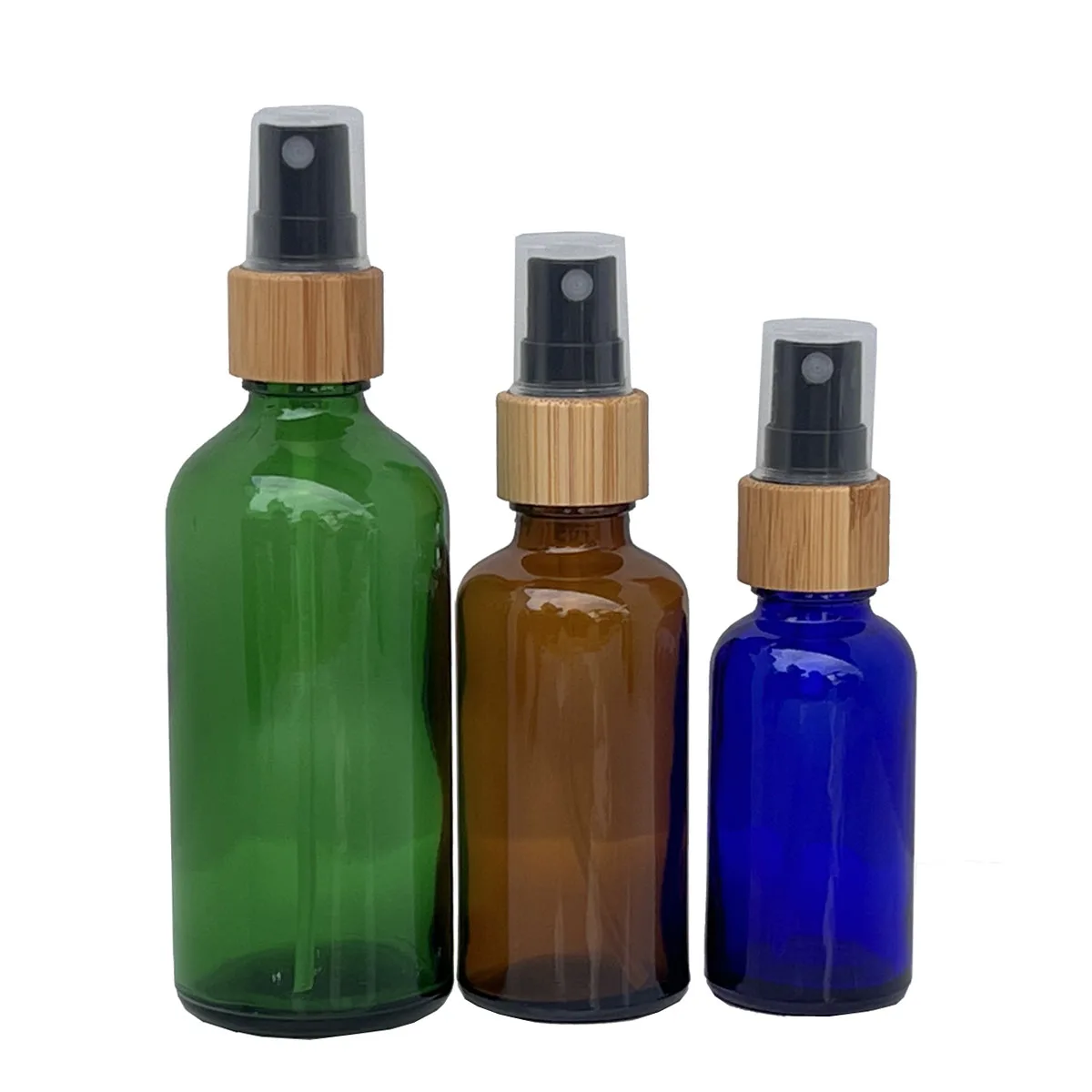 1X 5x botella de spray de vidrio verde azul ámbar 5ml-100ml tapas de pulverizador de niebla fina de bambú Natural atomizador botella de aceite de Perfume rellena