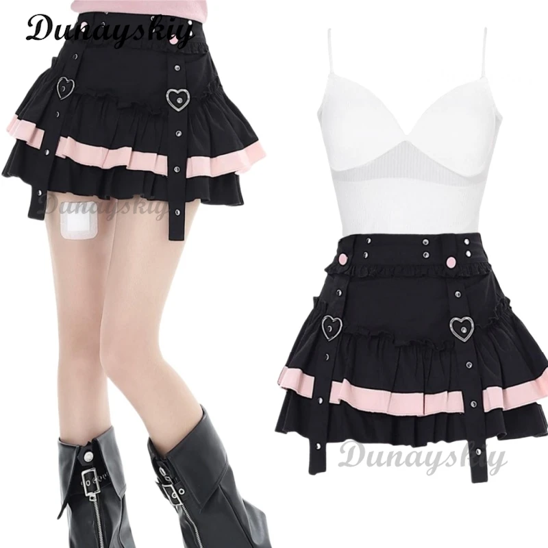 

Japanese Kawaii Mini Cake Skirts Womens JK Jupe Sweet Patchwork Lolita Sexy High Waist Lace Y2k Aesthetic Ruffled Gothic Faldas