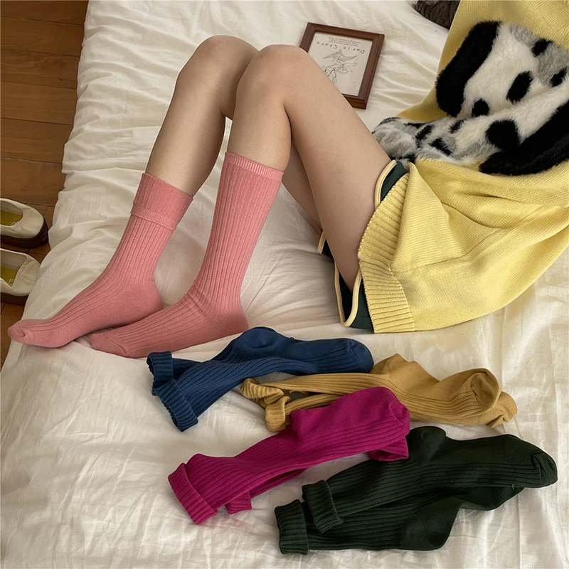 Classic New Loose Socks Women Cotton Knitting Autumn Winter Rib Solid Colors Calf Stockings Elegant Retro Long Casual Socks