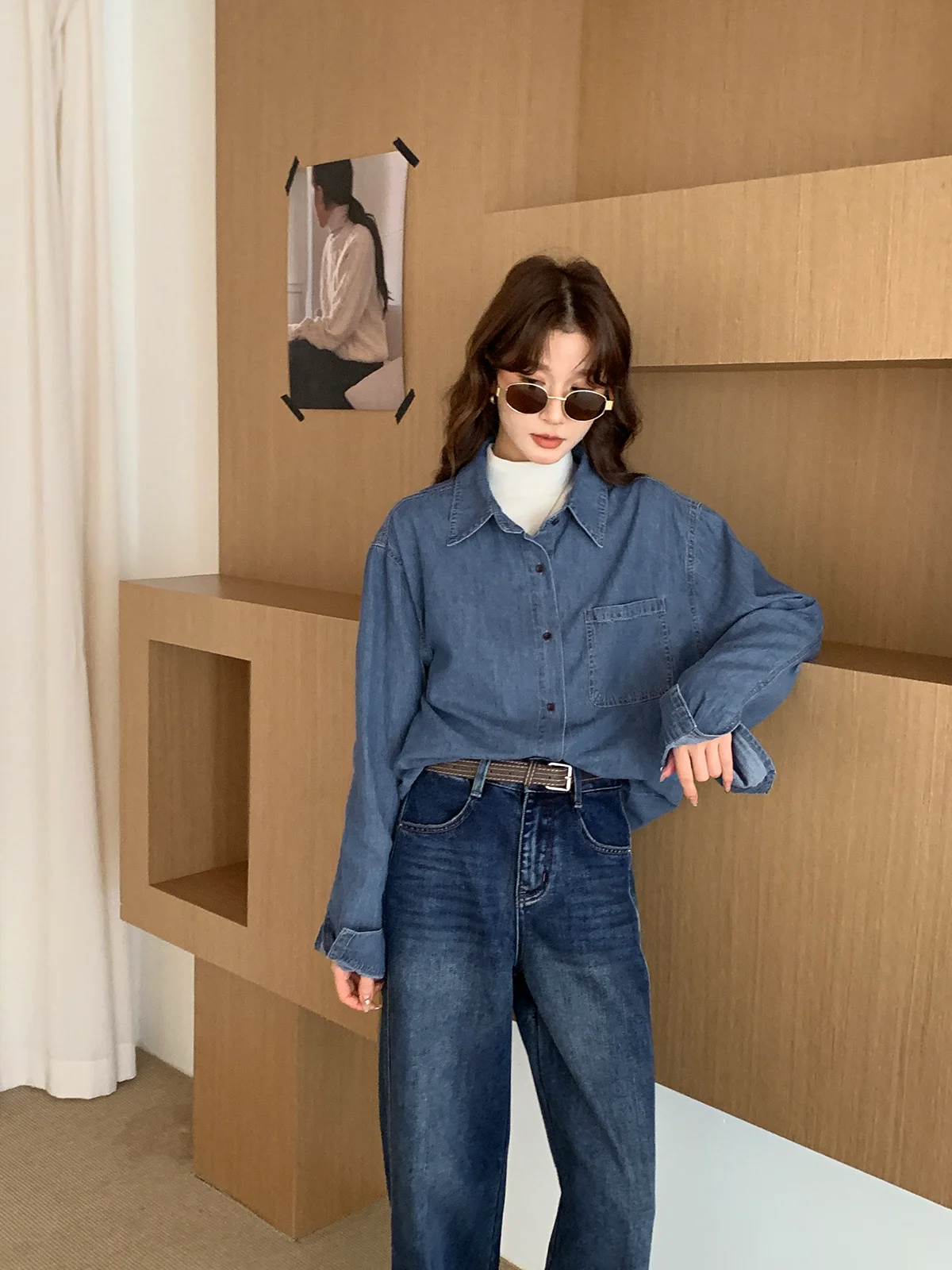 

Свободная длинная джинсовая рубашка в корейском стиле для девочек, хлопковая повседневная рубашка для женщин, осенняя модная женская рубашка