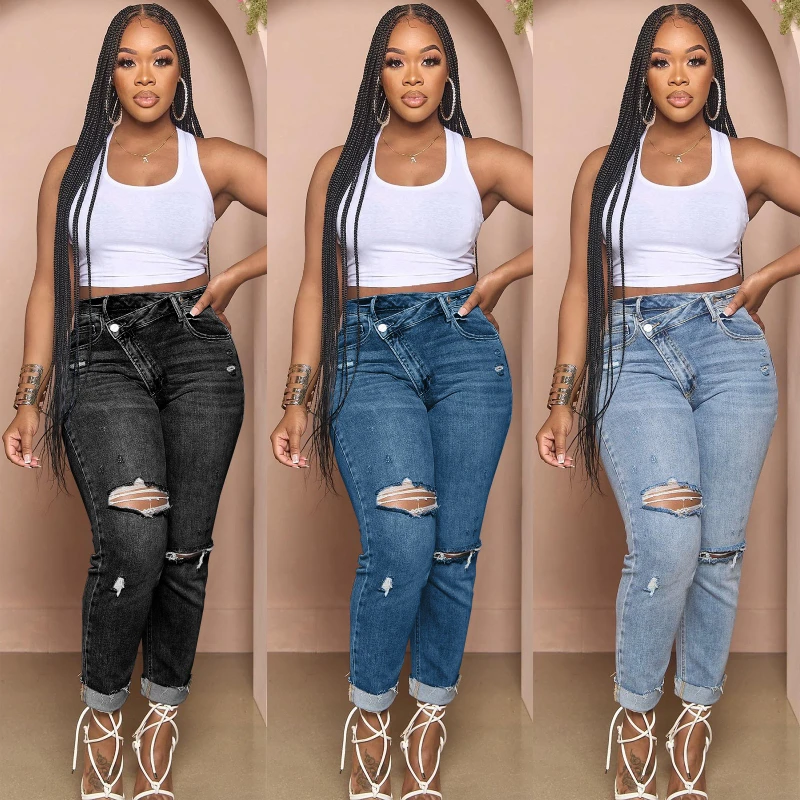 

Pencil Pants Jeans Women Vintage Denim Pant Hole Pockets Mid Waist Washed Button Spliced Solid Casual Lady Slight Strech