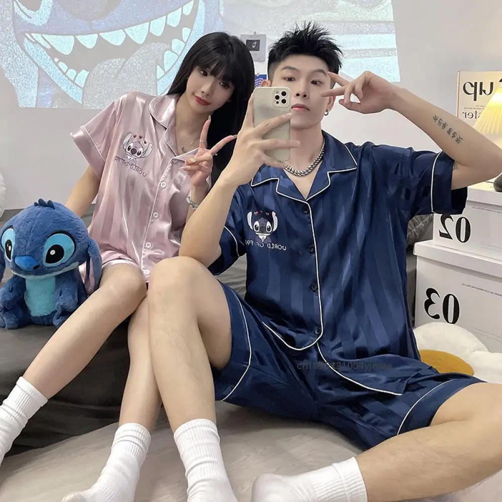 

Disney New Stitch Silk Pajamas Couple Male and Female Cute Comfortable Cool Breathable Summer Couple Household Pajamas Suit