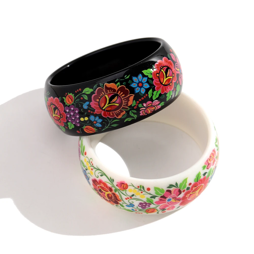 Retro-Armreif mit buntem Blumenmuster aus Acryl für Damen, Boho-Harz-Armband im Ethno-Stil, chinesisches Schmuckgeschenk – Detail 2