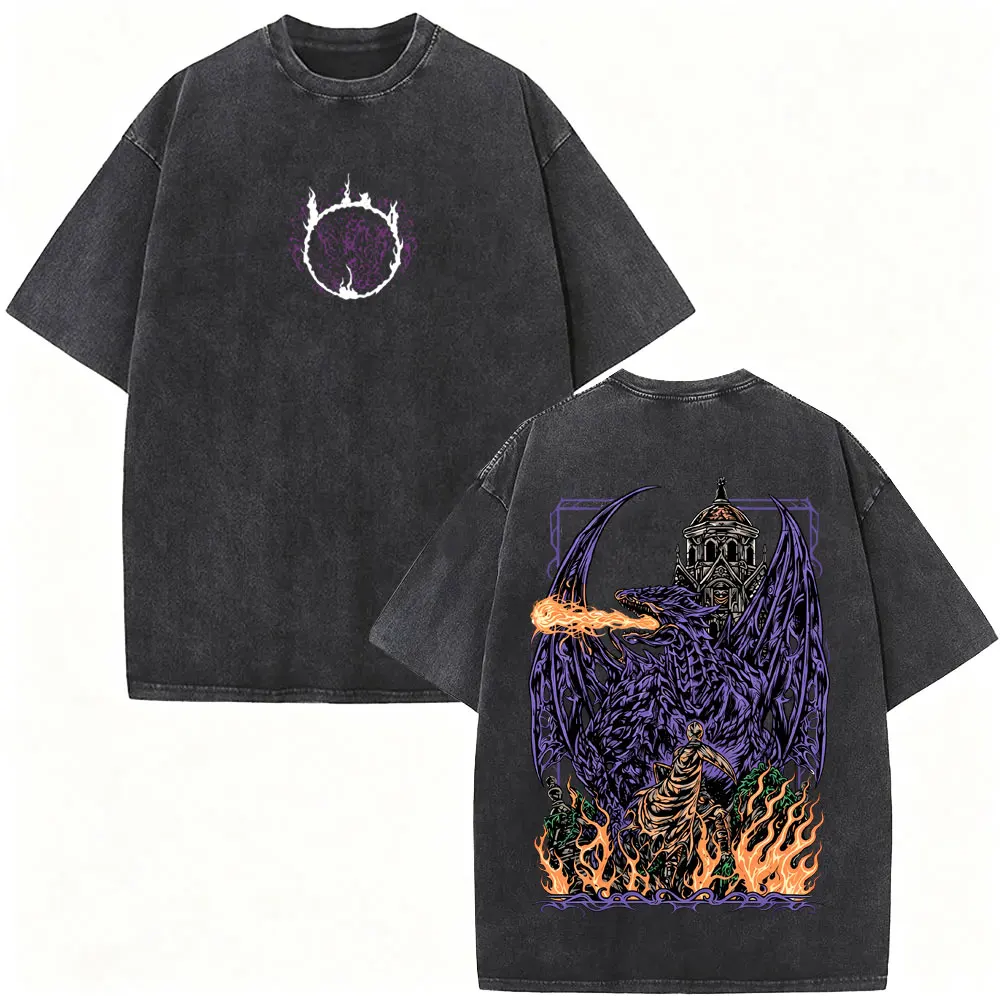 Dark Souls High Lord Wolnir Skelett Vintage Washed T-Shirt für Männer und Frauen, Retro Gothic Rock Streetwear, Übergroße T-Shirts für Männer – Detail 5