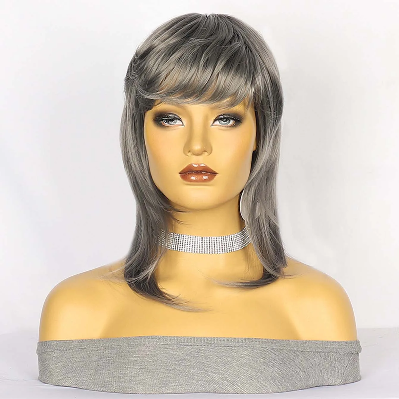 Short Straight Mullet Head Gray Wig Synthetic Girl Anime Cosplay   Hair Wig for Women Daily Party