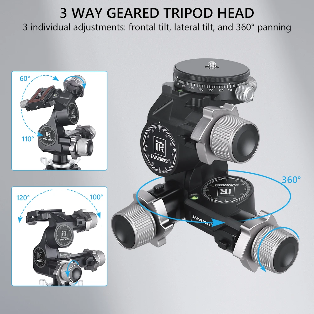 

INNOREL GR7 3-Way Geared Tripod Head CNC Aluminum Alloy, Millimeter Micro Adjustment, with Arca Type QR Plate, Load Capacity 6kg
