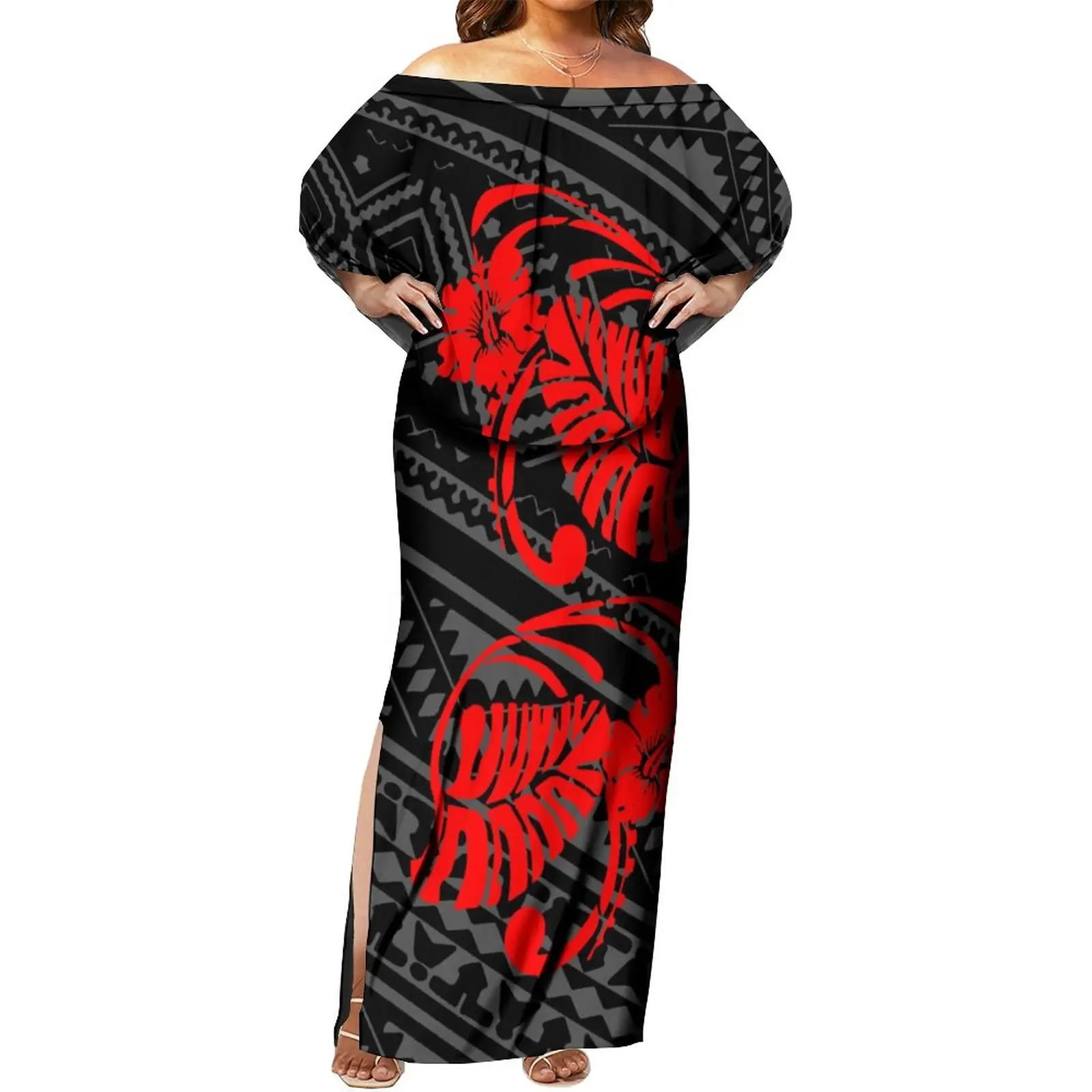 Mulheres Tribal Design plissado Off-a-ombro Capa Vestido, fenda em camadas, 6XL