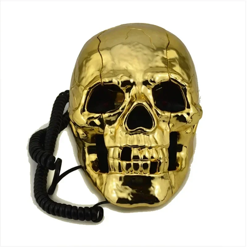 Cool Corded Phone Skull Head Ghost Telephone Golden Color, Eyes with LED Flashing Light, Audio Pulse Dialing Decoration for Home