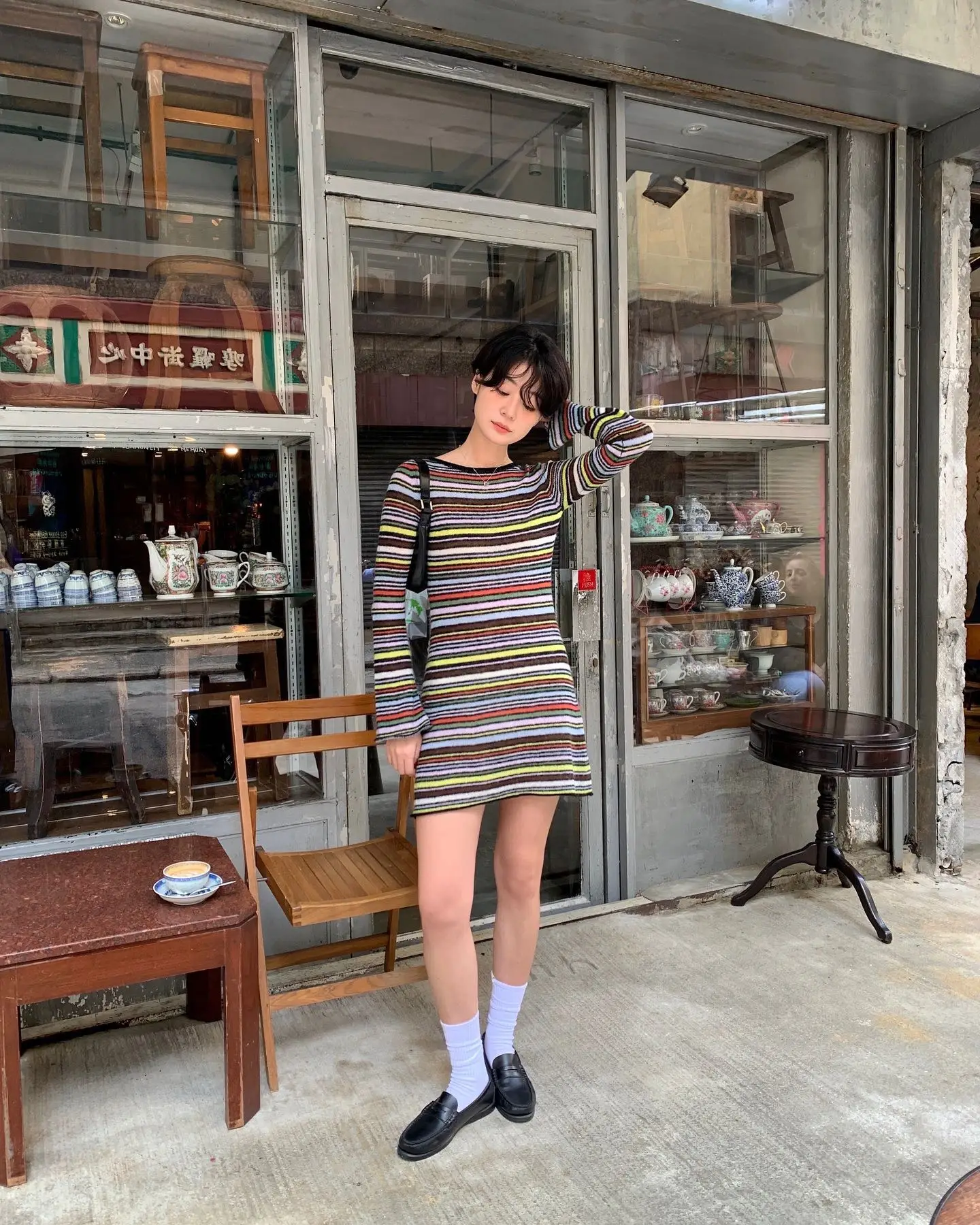 

2025 New Women Multicolor Striped Knitted Dress Long Sleeve Round Neck Casual Slim Mini Robe