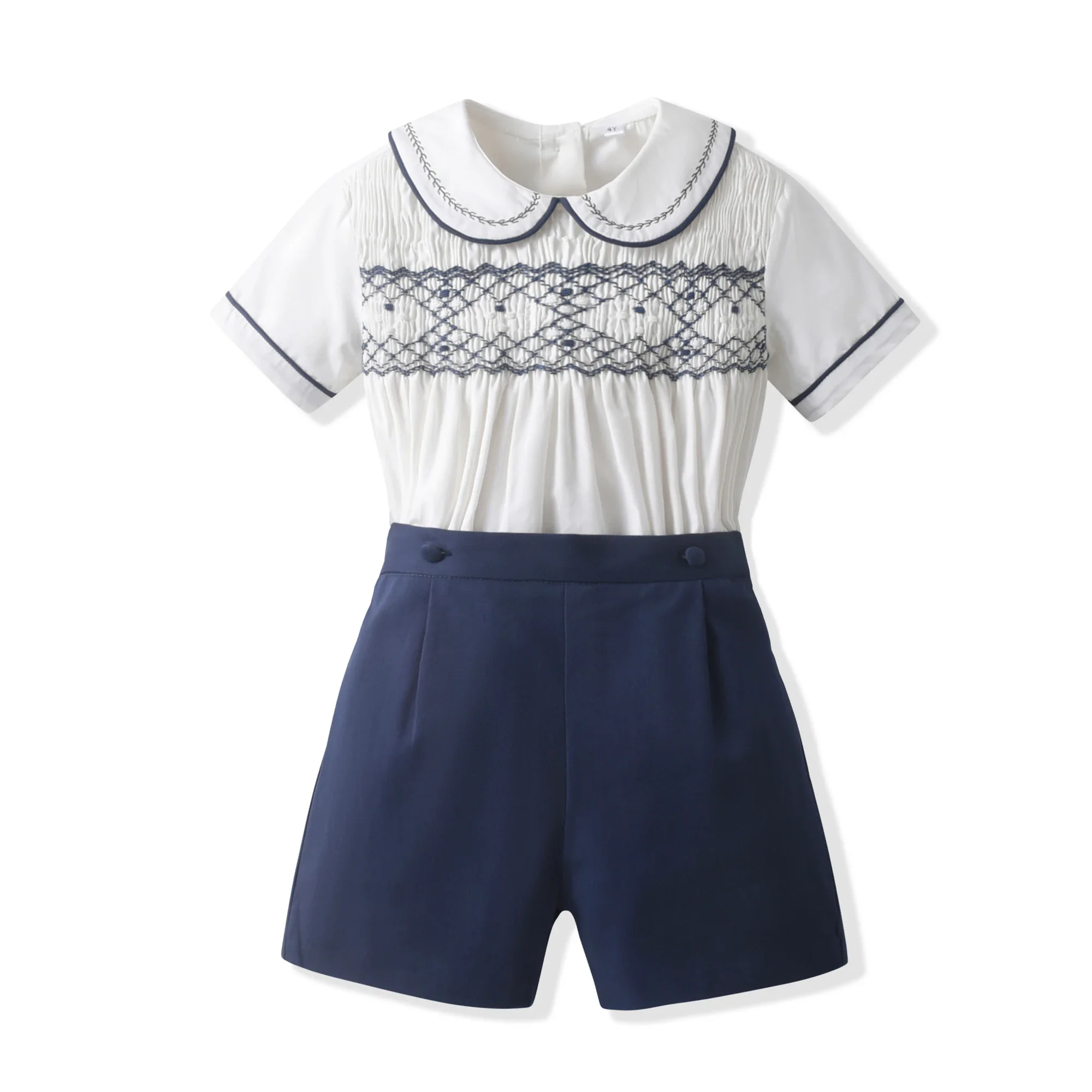 

Baby Boy Smocked Embroidery Summer Casual Two Piece Set Peter Pan Collar Short Sleeves Kids Smocking Clothing for Toddler Boys
