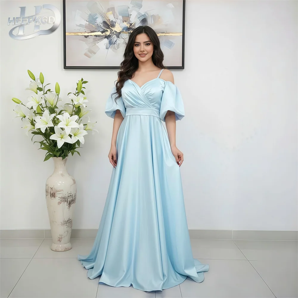 Vestido de noche largo de satén azul bebé al por mayor, con corsé en la espalda, corte A, hombros descubiertos, brillante, para mujer, para bodas y fiestas, 2026, barato