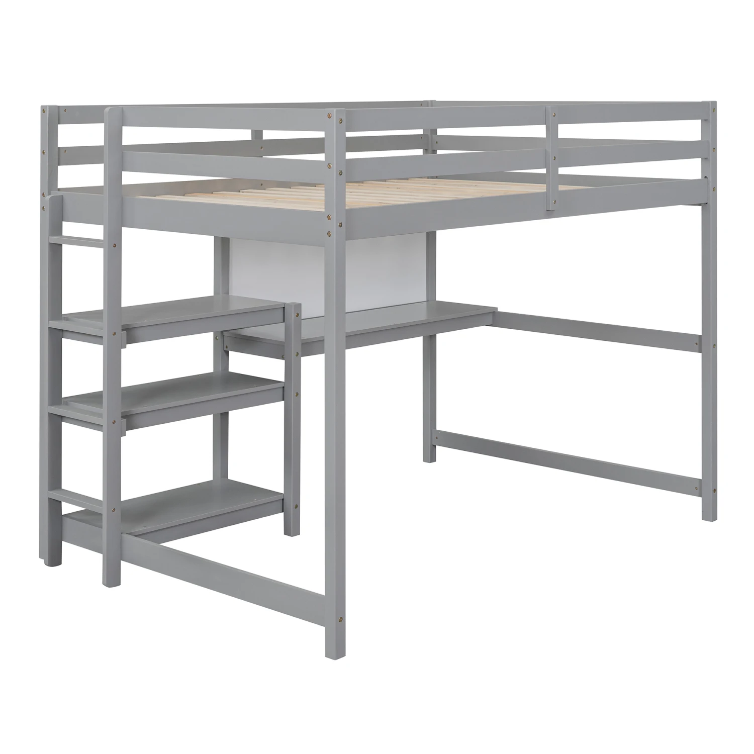 

Full Size Wooden Loft Bed with Shelves, Desk, Writing Board - Gray