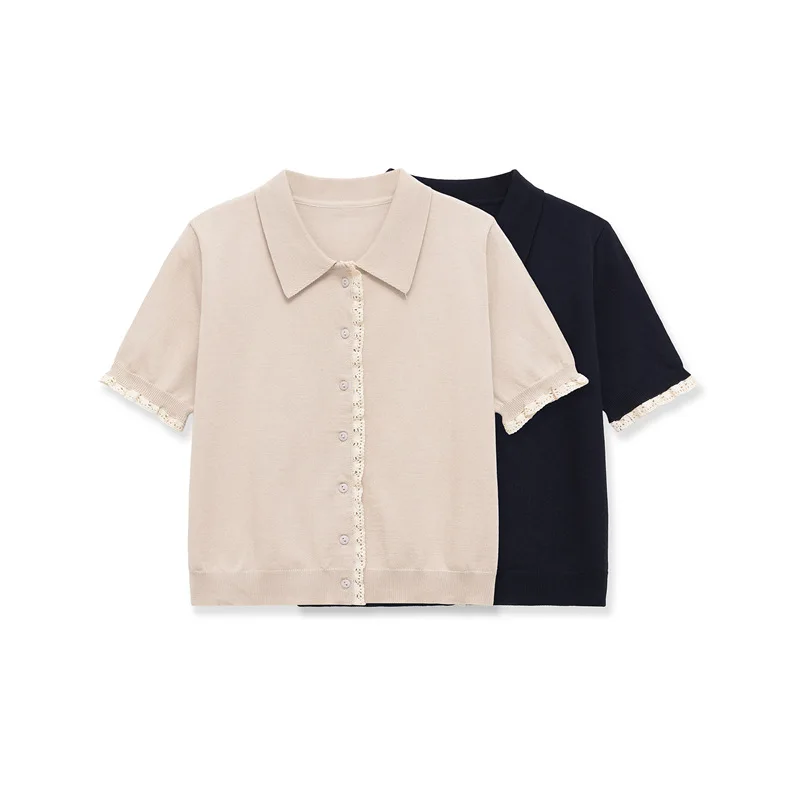

Withered 2026 New Spring And Summer Minimalist Short Sleeved Polo Collar Lace Knit Jacket Top T-shirt Woman Clothes Female