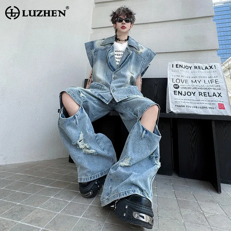 

LUZHEN 2026 Summer Original Street Two-piece Sets Men's Hollow Out Knee Design Patched Loose Jeans Sleeveless Denim Vest JY6312