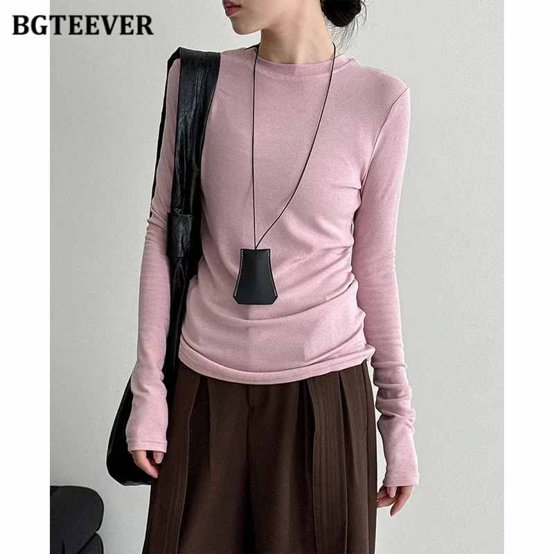 

BGTEEVER стильные эластичные футболки с круглым вырезом для женщин, осенние базовые женские пуловеры с длинными рукавами, футболки