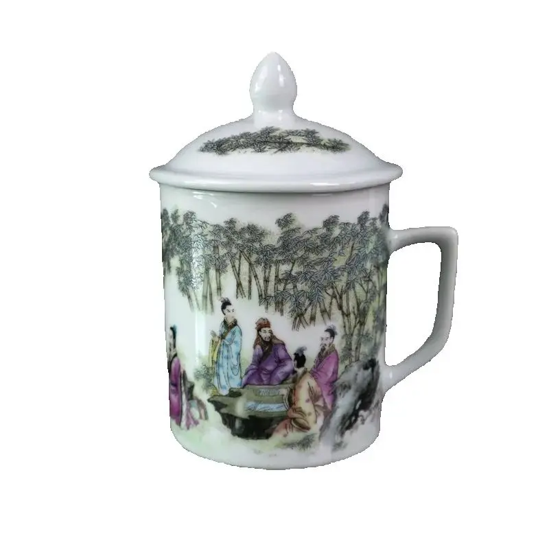 

Chinese Old Porcelain Pink Bamboo Grove Seven Sages Pattern Cover Cup