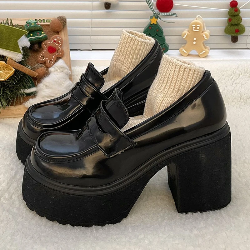 super high heels chunky platform pumps women spring 2024 Gothic Patent Leather Loafers Woman Black Thick Heeled Jk Lolita Shoes