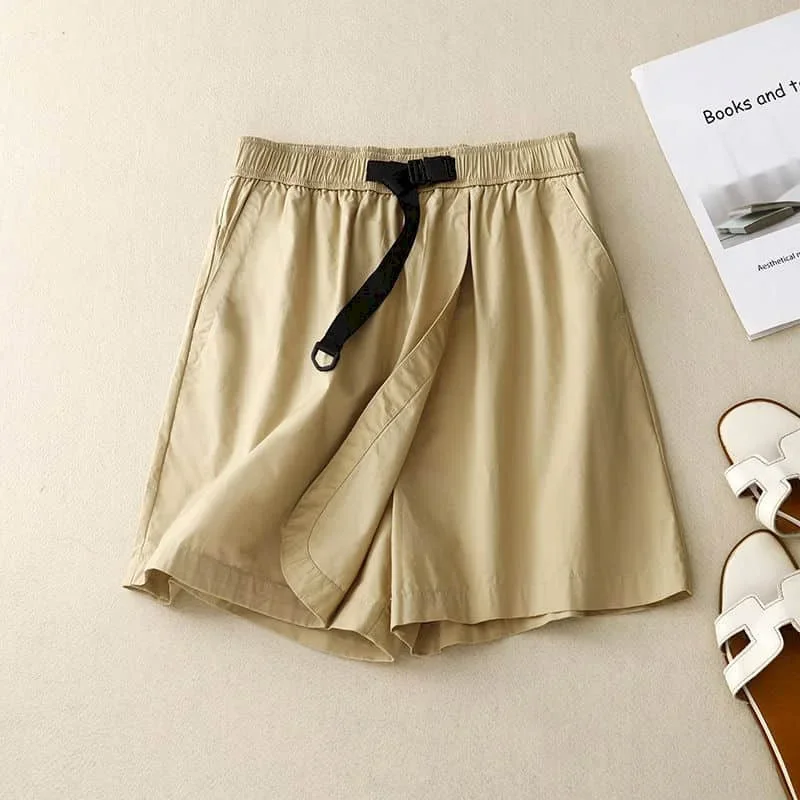 

Pop Solid Shorts Women Casual Loose Wide Leg Shorts Safari Style Fake Two Pieces Elastic Waist Culottes Streetwear Women Clothin