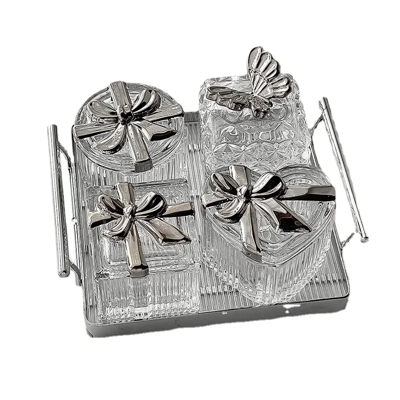 Light Luxury Dried Fruit Plate Four Compartments With Lid Candy Box Embossed Texture Dim Sum Dish Two Ear Handle Decoration Tray