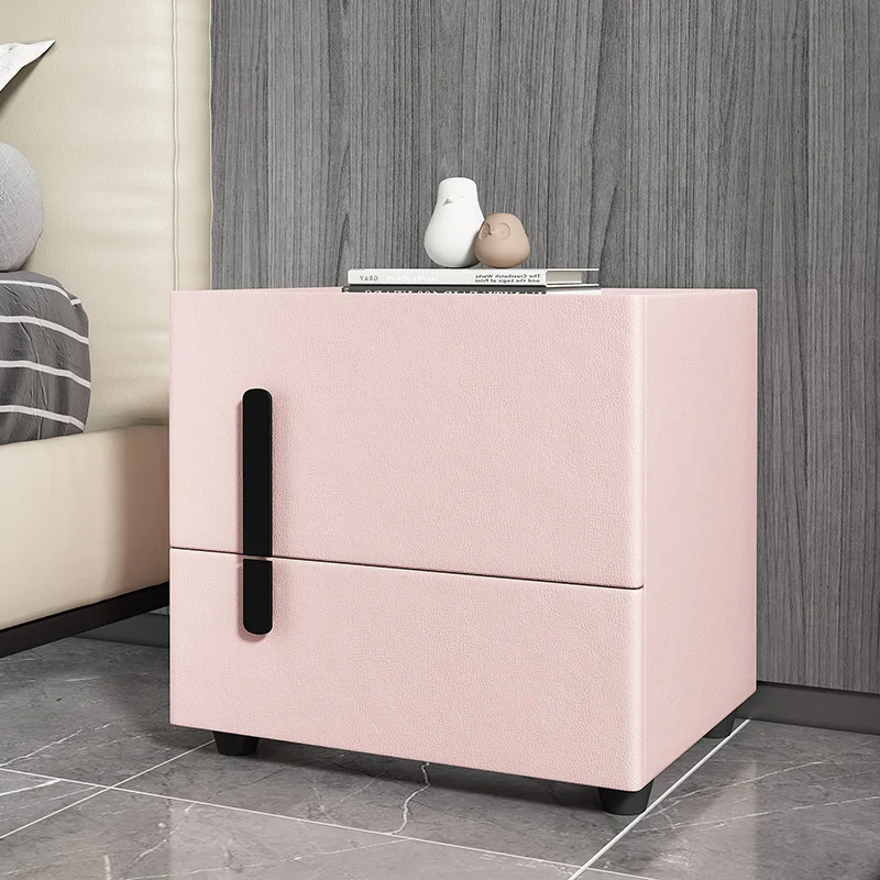 Mesita de noche italiana ligera de lujo, mesita de noche de madera maciza con doble cajón, losa de roca de cuero minimalista, diseño maestro personalizado