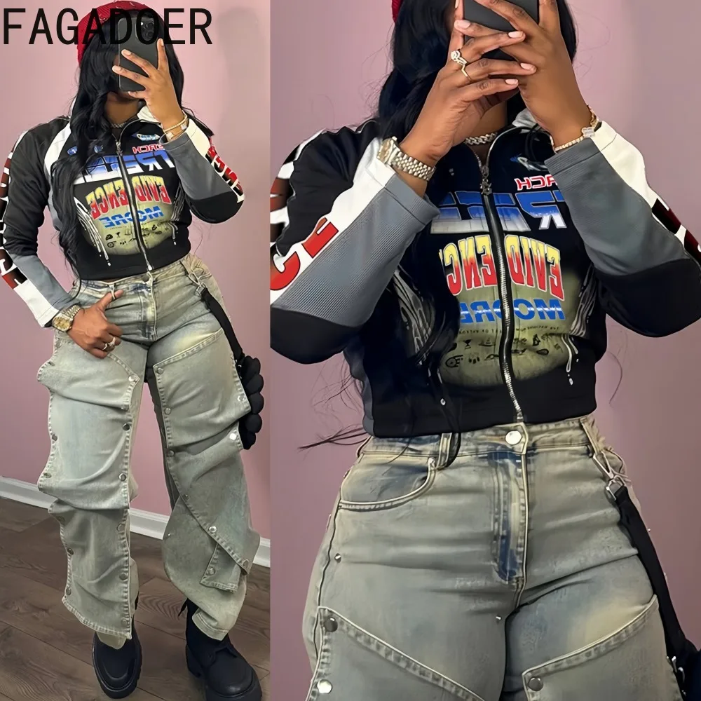 

FAGADOER Y2K Fashion Letter Printing Jacket Women Moto Bicycle Long Sleeves Zipper Crop Jacket Female Streetwear Clothing New