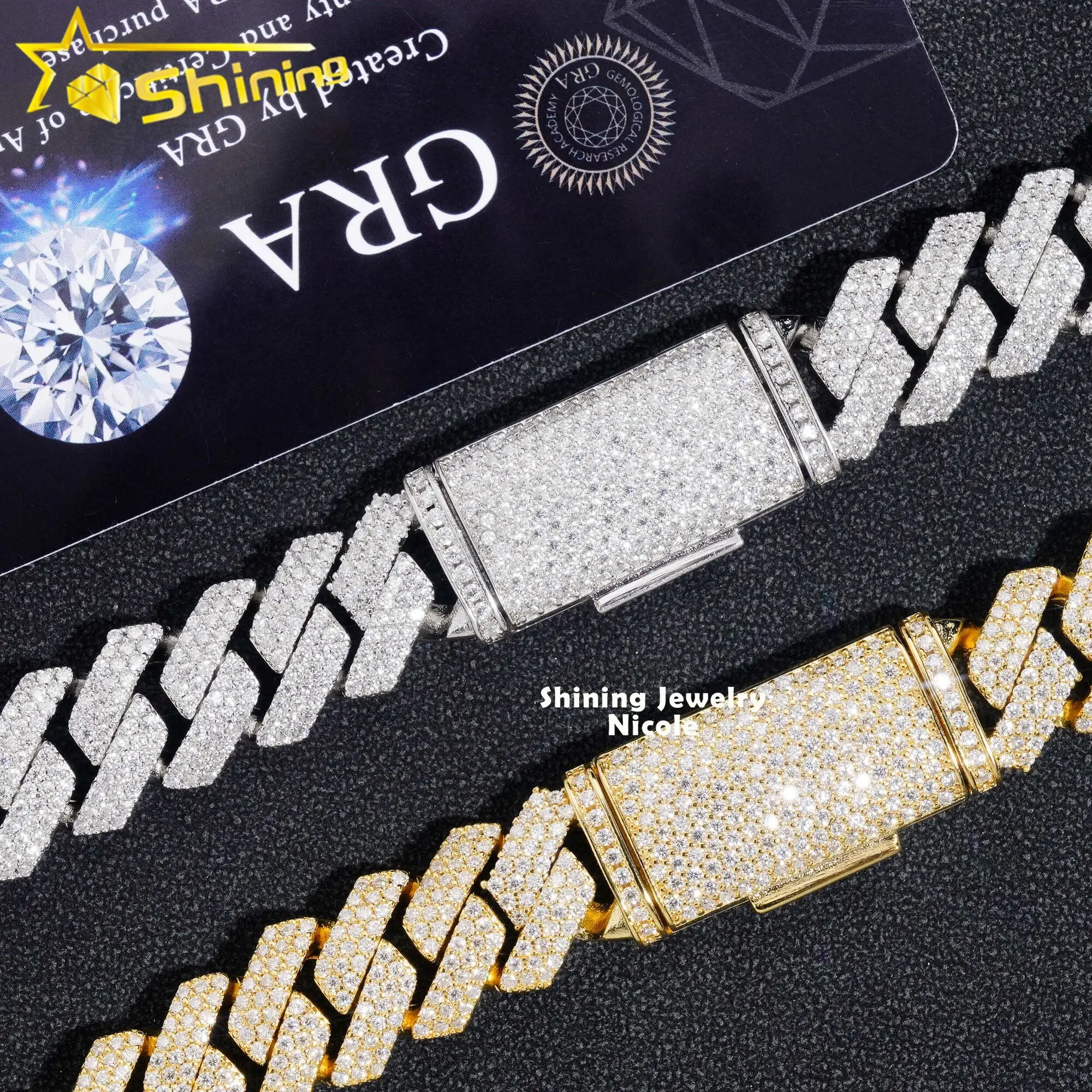 Hot Selling Regular Three Rows Prong Setting 14mm Silver 925 Moissnaite Cuban Link Chain