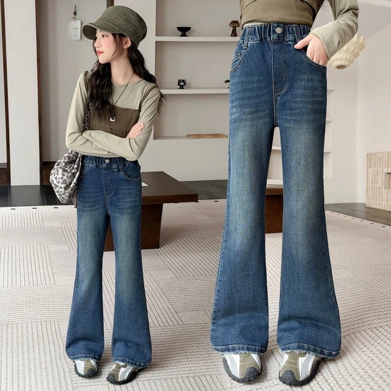 Women's flared jeans, spring and autumn vintage washed non stretch denim pants, 5-pocket children's school casual pants