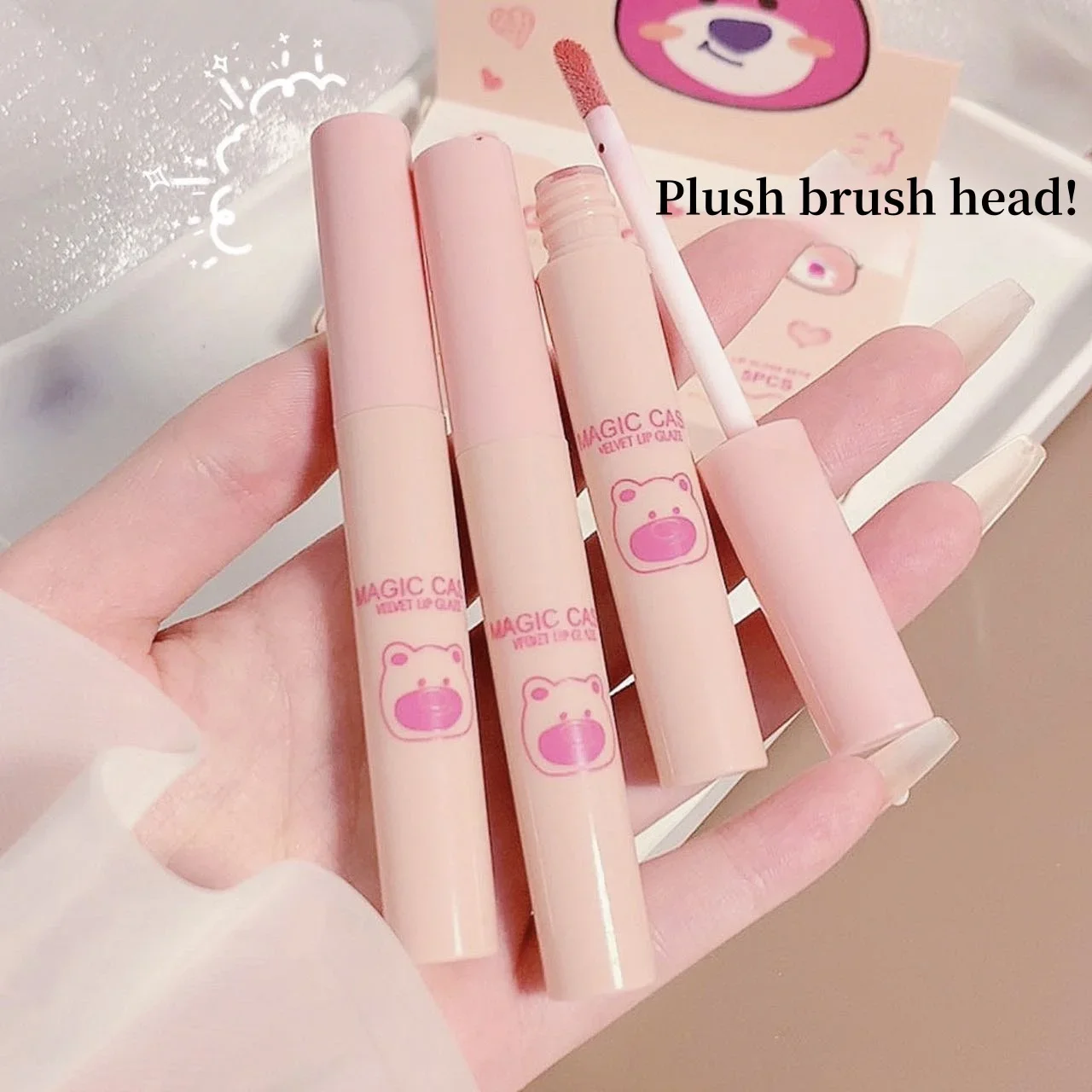 MAGIC CASA Naughty Bear 5pcs/set Matte Lipgloss Pink Brown Shades Lip Glaze Velvet Non-stick Cup Liquid lipstick Lip Makeup Kit