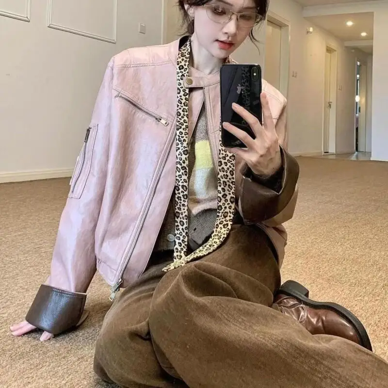 

American style retro cool color blocking leather jacket coat Women's autumn spring new super good-looking leisure jacket tops