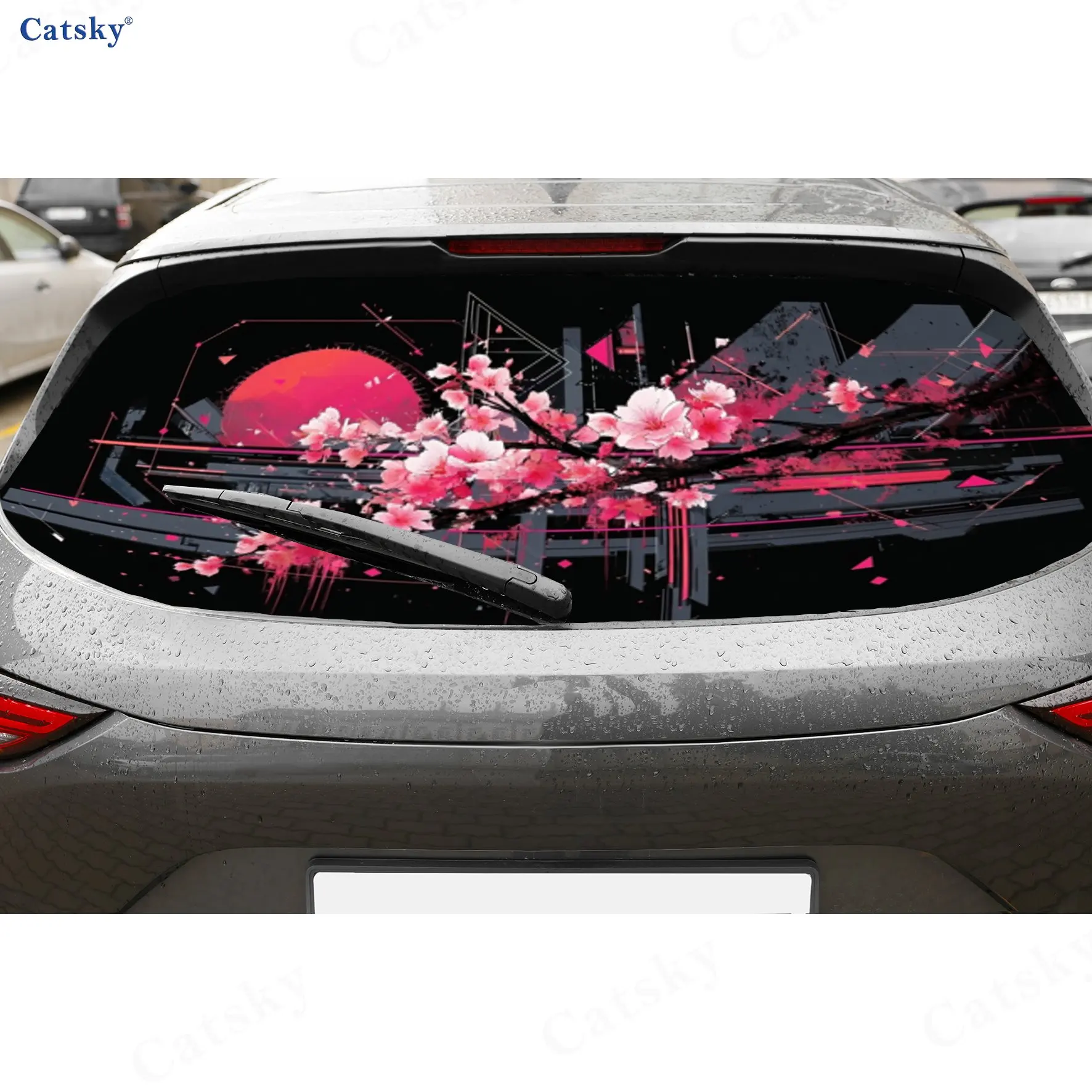 

Cyberpunk Cherry Blossom PVC Perforated Car Rear Window Vinyl Wraps, Durable Waterproof Car Rear Windshield Sticker