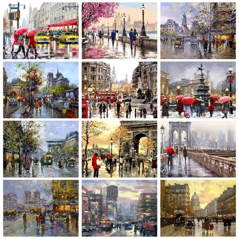 

PhotoCustom Painting By Numbers Pedestrians The Road With Frame Kits Picture By Numbers Landscape Diy Wall Art Home Decoration