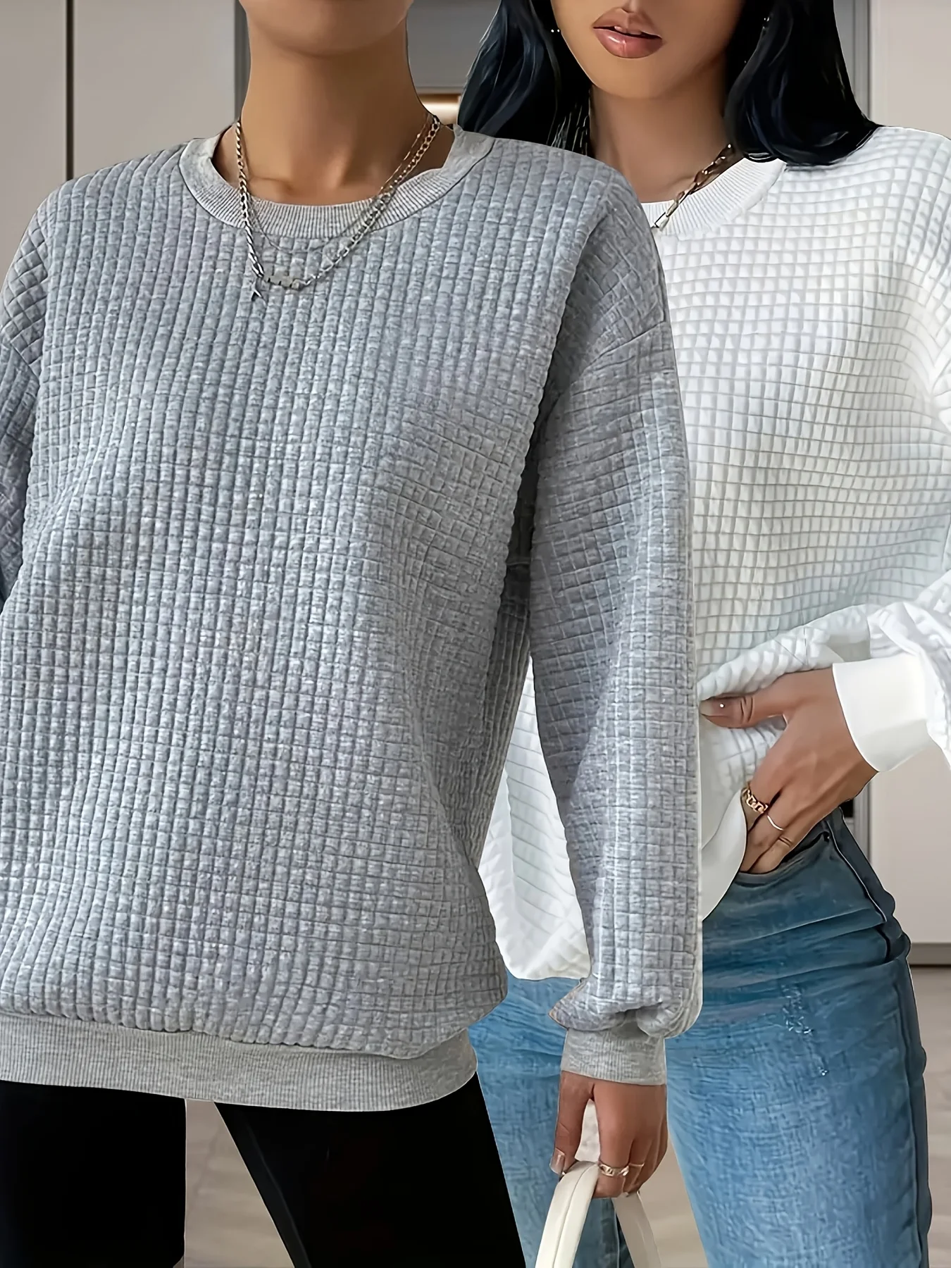 

2 Pieces of Women's Casual Waffle Pullover - Soft Long-sleeved Round Neck Top, Easy To Care for Everyday Wear