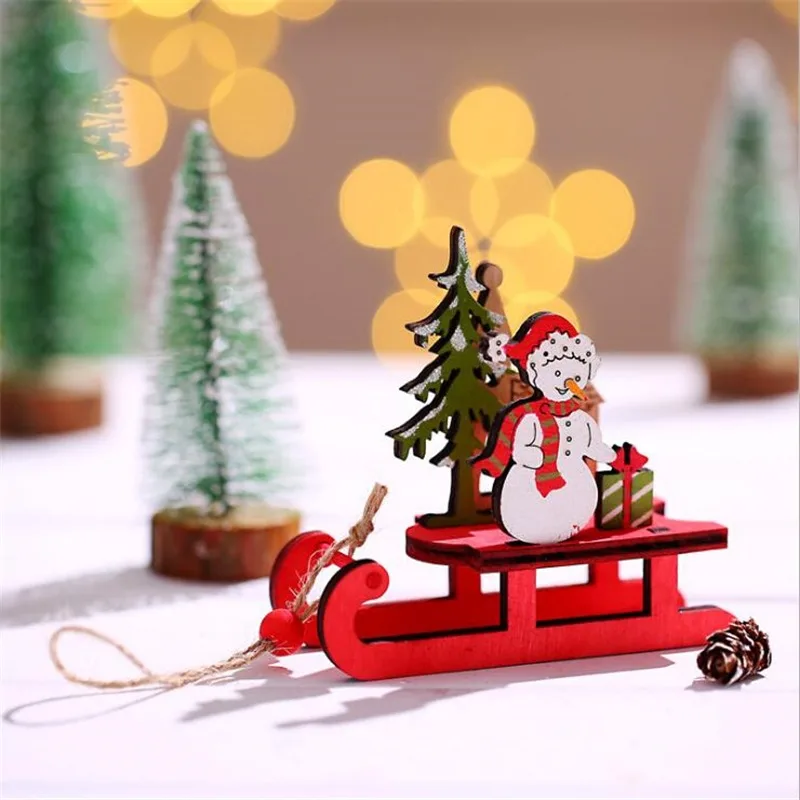 Wooden Colorful Sleigh Christmas Ornaments DIY Assembly Santa Claus Snowman Elk Sled Pendant For Christmas Tree Home Party Decor