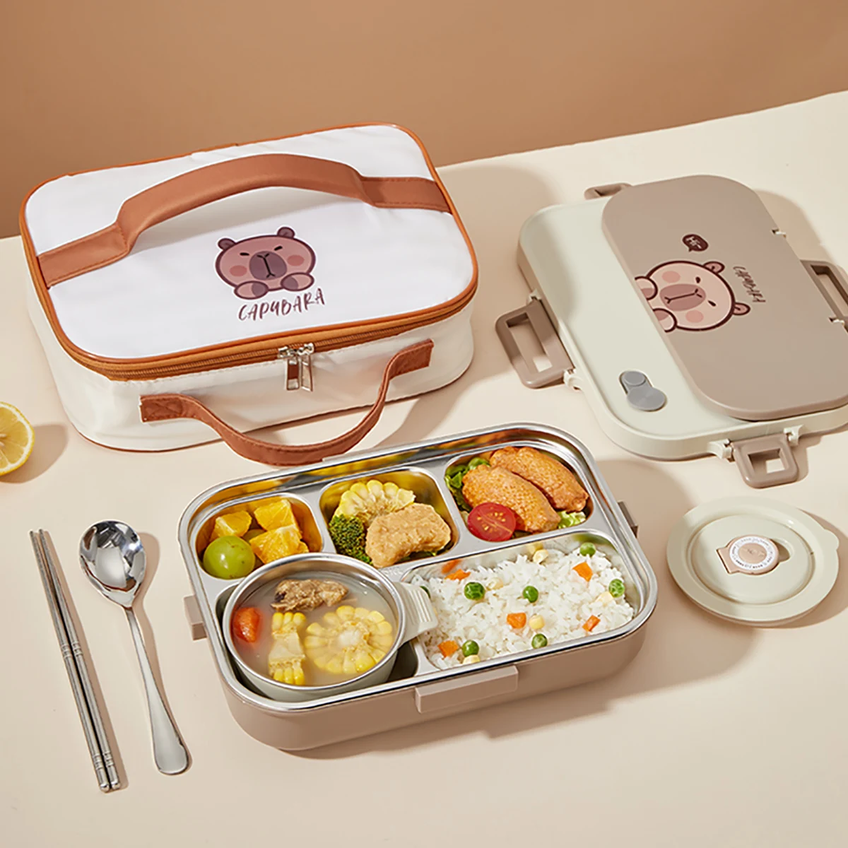 

WORTHBUY Capybara 304 Stainless Steel Divided Lunch Box Set For Student Microwave Portable Sealed Food Contianer With Cutlery ﻿