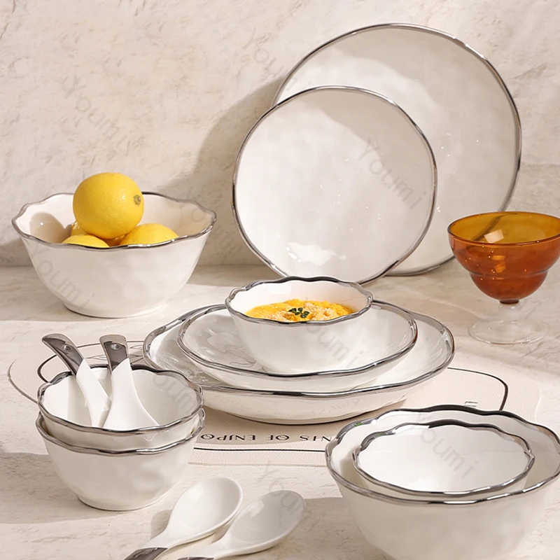 Creative Silver Edge Ceramic Plates Light Luxury Restaurant Soup Bowls Plate Set Delicious Dishes Exquisite Household Tableware