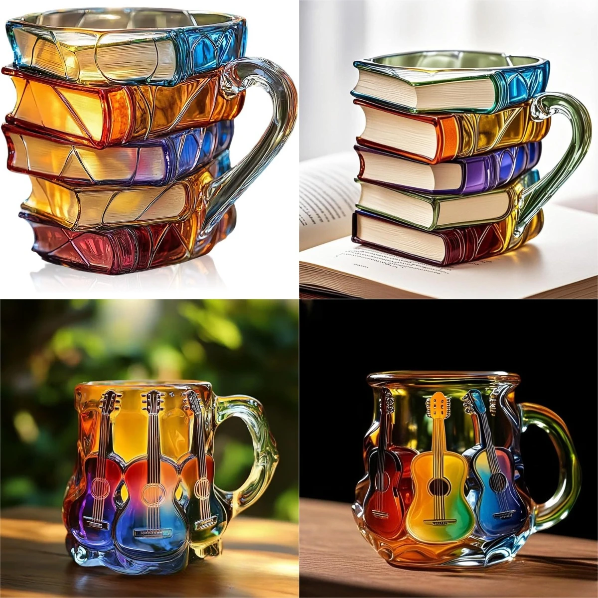 

Painted Book Mug 300ml 3D Painted Guitar Coffee Cup Book Coffee Mug Unique Colorful Resin Books Stack Coffee Cup Collection Gift