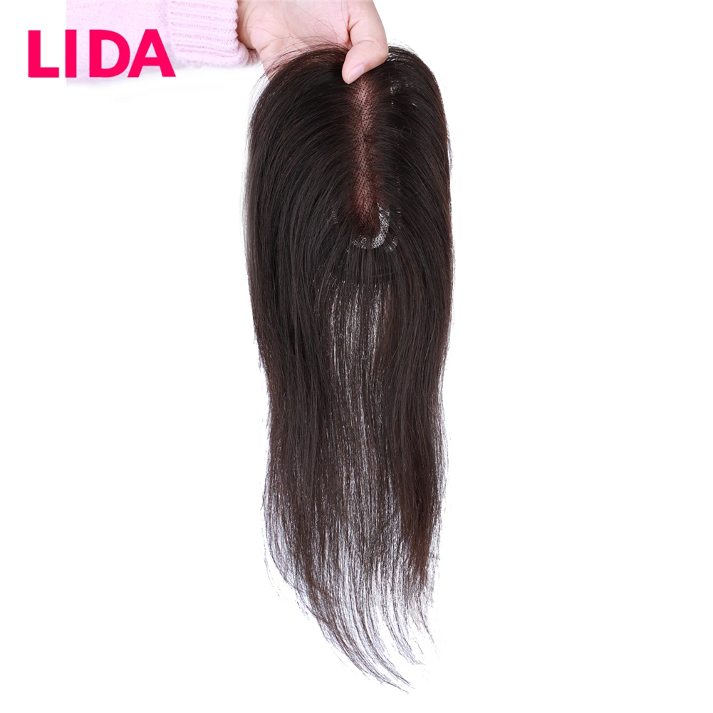 Straight Silk Base Women Topper with Clips 4Inch Hand Made Lace Hair Line  None Remy Chinese Human Hair For Women 14 Inch