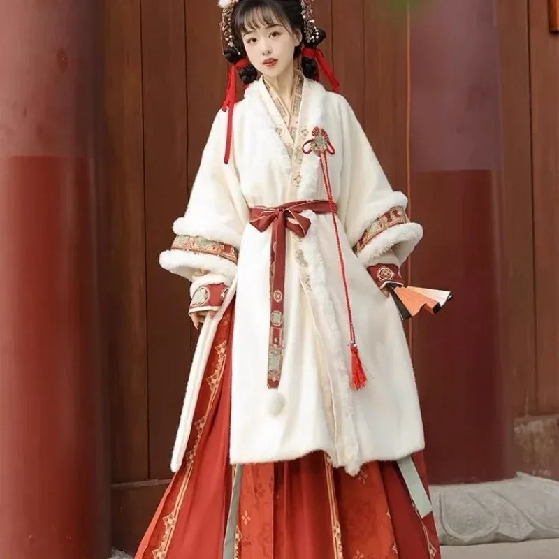 

Women Chinese Traditional Hanfu Dress White Fleece Coat Beige Collared Top Red Printed Horse Faced Skirt Vestido Oriental