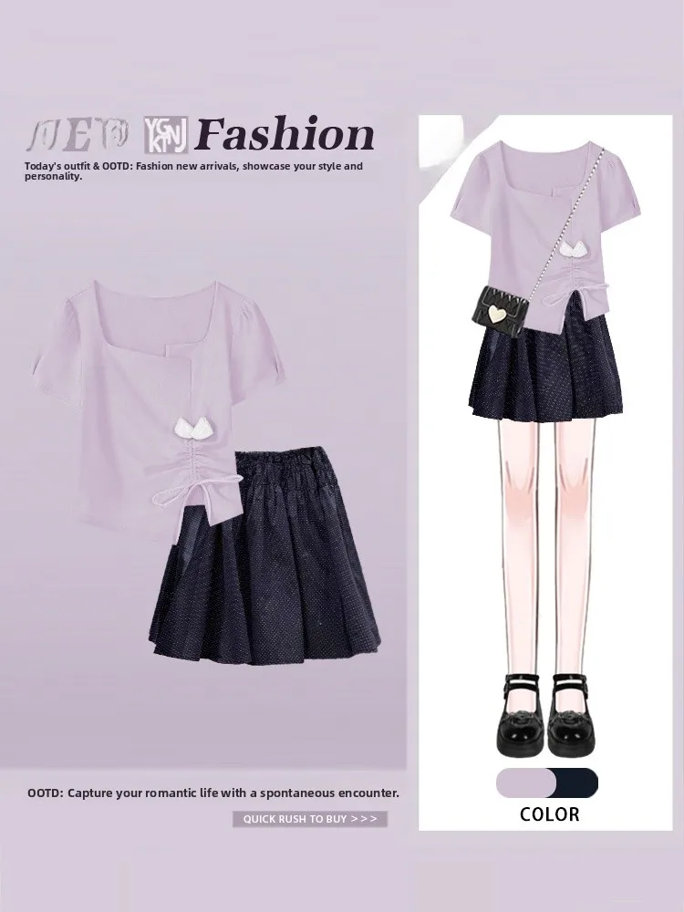 

Slimming High Waist Short Sleeve Women's Korean Style Half Skirt Set Summer New Arrival Commute Knot A-Line Skirt